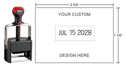 HM-6108 Shiny Heavy Metal Self-inking Date Stamps can be customized with text above or below the date and will stand up to industrial and heavy office use.