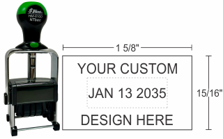 HM-6100 Shiny Heavy Metal Self-inkking Date Stamps can be customized with text above or below the date and will stand up to industrial and heavy office use.