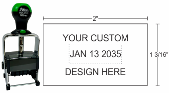 HM-6103 Shiny Heavy Metal Self-inking Date Stamps can be customized with text above or below the date and will stand up to industrial and heavy office use.