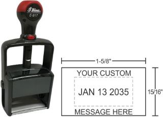 E-910 Shiny Essential Line Self-inking Date Stamps can be customized with text above or below the date for home and office use at an affordable price.
