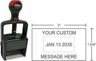 E-913 Shiny Essential Line Self-inking Date Stamps can be customized with text above or below the date for home and office use at an affordable price.