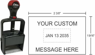 E-917 Shiny Essential Line Self-inking Date Stamps can be customized with text above or below the date for home and office use at an affordable price.