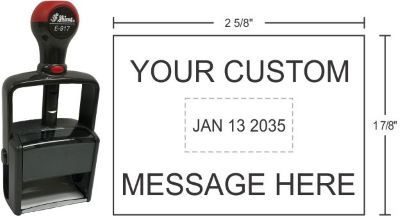 E-916 Shiny Essential Line Self-inking Date Stamps can be customized with text above or below the date for home and office use at an affordable price.
