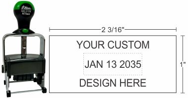 HM-6104 Shiny Heavy Metal Self-inking Date Stamps can be customized with text above or below the date and will stand up to industrial and heavy office use.