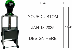 HM-6105 Shiny Heavy Metal Self-inking Date Stamps can be customized with text above or below the date and will stand up to industrial and heavy office use.