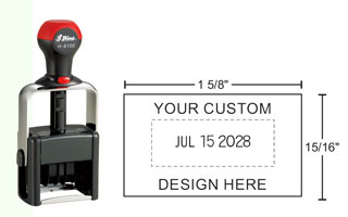 HM-6100 Shiny Heavy Metal Self-inkking Date Stamps can be customized with text above or below the date and will stand up to industrial and heavy office use.