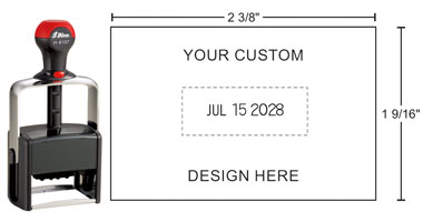 HM-6107 Shiny Heavy Metal Self-inking Date Stamps can be customized with text above or below the date and will stand up to industrial and heavy office use.