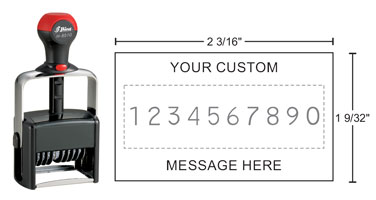 High quality Shiny H-6510PL Heavy Duty Self-inking Numbering Stamp with Custom Area. Durable metal and plastic construction is good for high volume stamping.